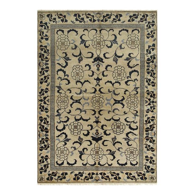 6x9 Willow Lydia Gold Classic Floral Medallion Hand Knotted Wool Carpet Rug For Sale