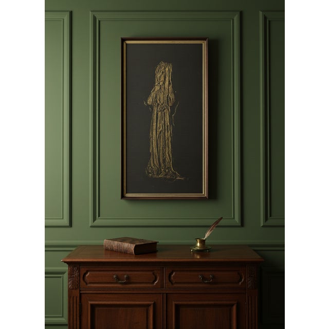 The artwork in the image is a brass rubbing, created by placing paper over an engraved monumental brass and rubbing it...