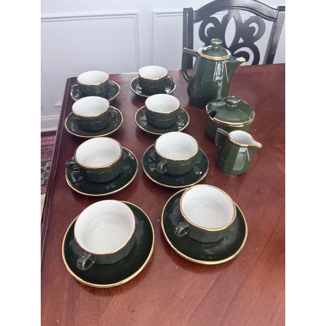 Beautiful, vintage 18-piece Apilco France coffee and espresso set in the iconic "Empire Green" porcelain with brilliant...