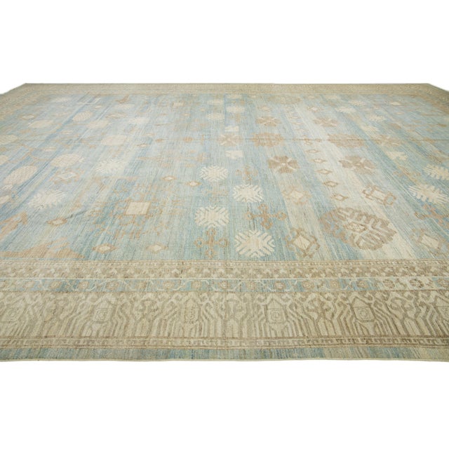 Textile Apadana's Modern Oversized Khotan Style Blue Wool Rug With Geometric Design For Sale - Image 7 of 10