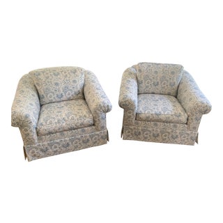 English Club Chairs in in Bennison Valley. Bc. Lace Blue on Oyster Upholstery - a Pair For Sale