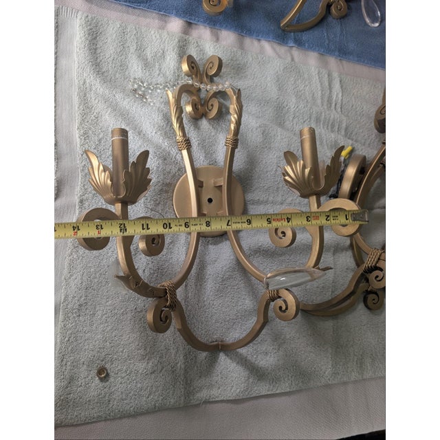 Pair Kalco Gold Gilt Crystal Two- Light Wall Sconces With Original Shades For Sale - Image 4 of 6