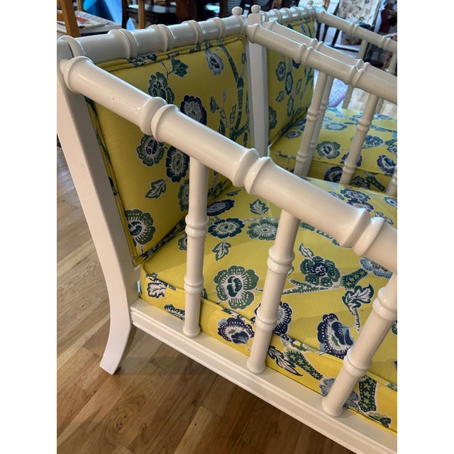 1971 White Chinoiserie Faux Bamboo Club Chairs by Ayers Furniture With Mad Cap Cottage Fabric For Sale In New Orleans - Image 6 of 11