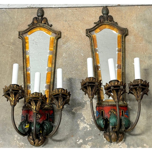 Early 20th Century Venetian Eglomise Mirror & Polychromed 3 light Wall Sconces, Circa 1925 - a Pair For Sale - Image 5 of 7