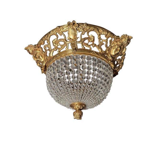 1970s Baroque Bronze Crystal Gold Ceiling Lamp Chandelier For Sale