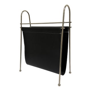 Mid-Century Leather and Steel Magazine Rack, 1970s For Sale