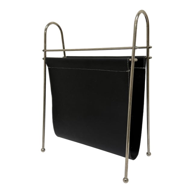 Mid-Century Leather and Steel Magazine Rack, 1970s For Sale