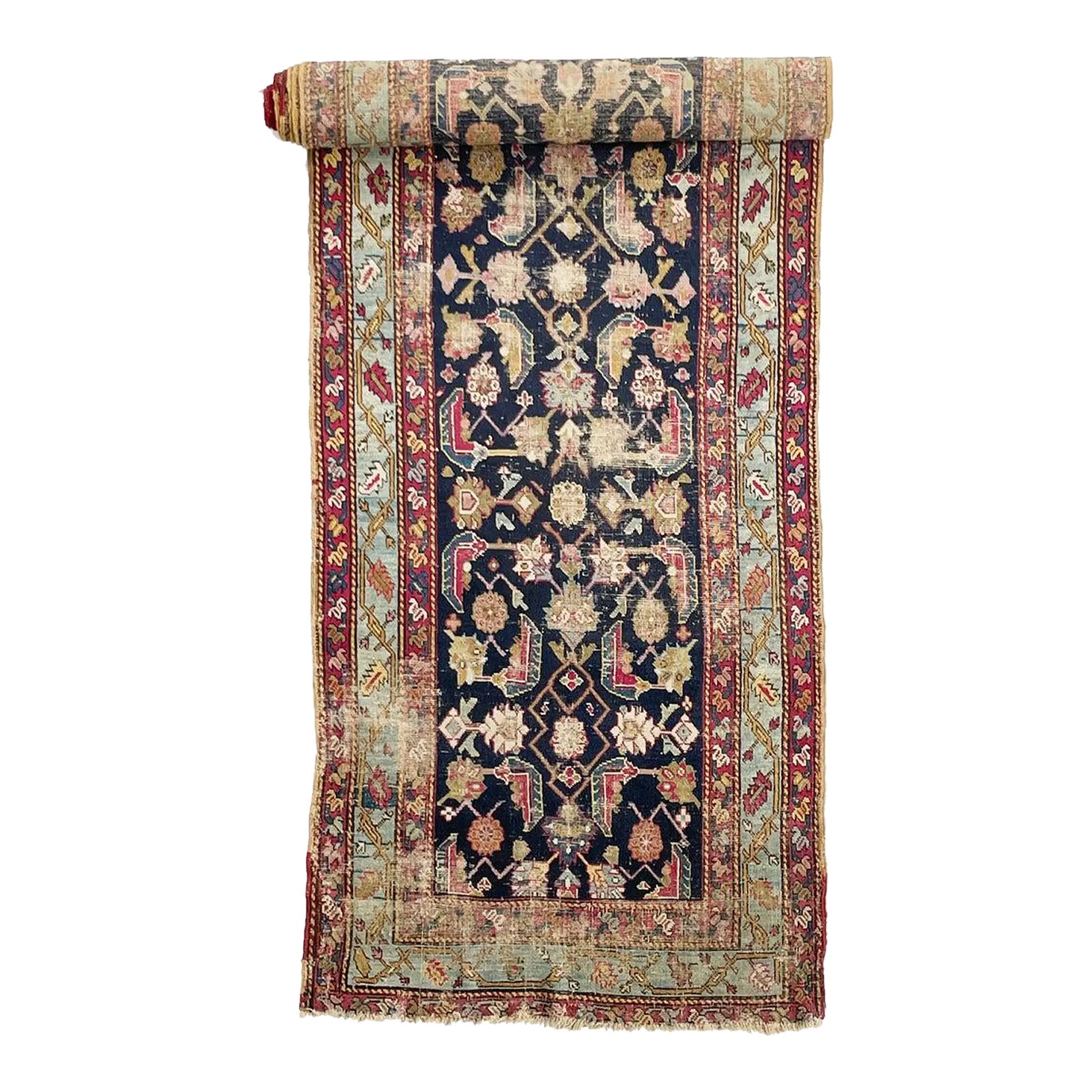 Antique Caucasian Karabagh Runner LONG Slate Seafoam Rug 3.6 x 17.5 ...
