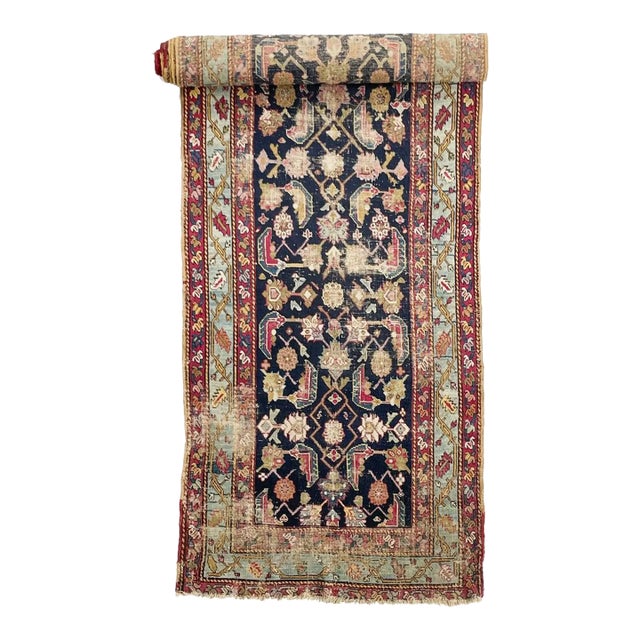 Antique Caucasian Karabagh Runner LONG Slate Seafoam Rug 3.6 x 17.5 For Sale
