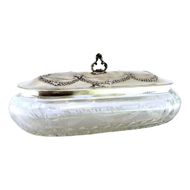Acid-Etched Glass Box with Silver Lid with Reliefs and Cut-Out Handle For Sale