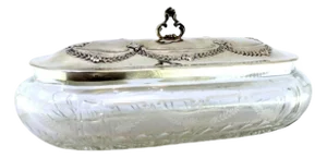 Acid-Etched Glass Box with Silver Lid with Reliefs and Cut-Out Handle