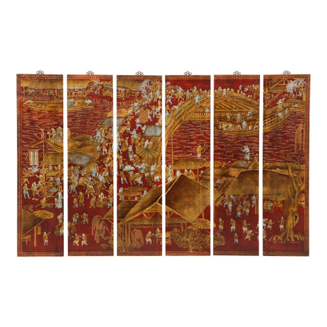 Set of Six Red Lacquered Chinoiserie Panels For Sale