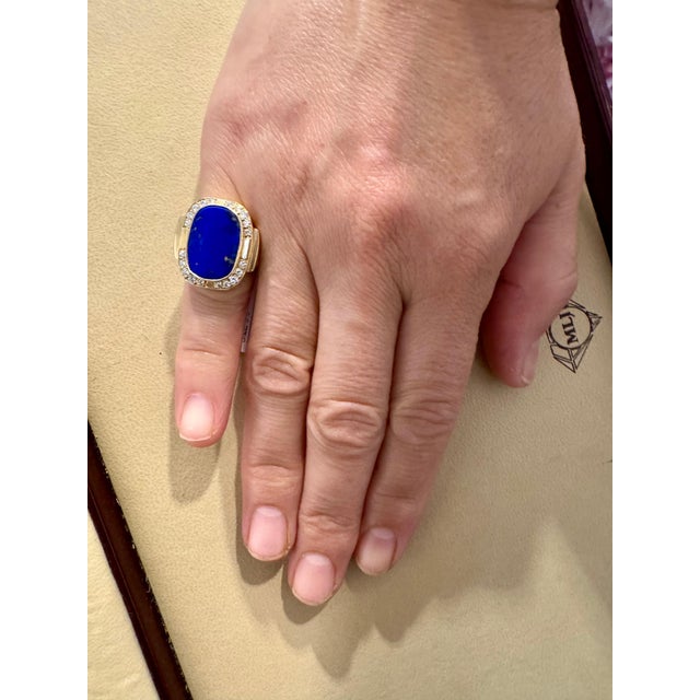 8.5 Ct Emerald cut Natural Lapis Lazuli + Diamond Ring 14 Kt Yellow Gold, 5.5 S For Sale - Image 12 of 18