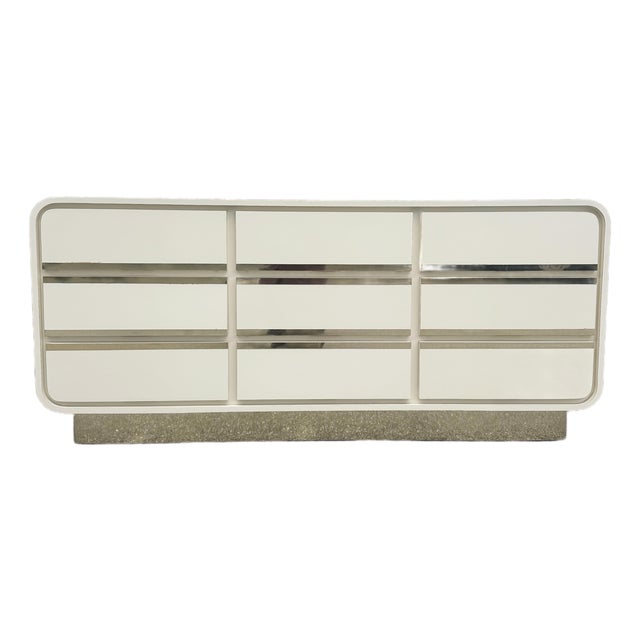 Postmodern Cream Gloss Laminate Waterfall Dresser With Gold Accents For Sale