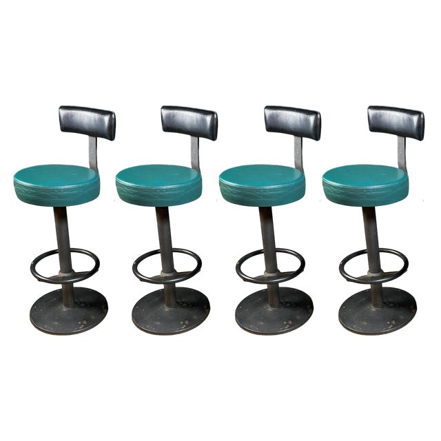 Vintage Bar Stools in Black with Green, Set of 4 For Sale