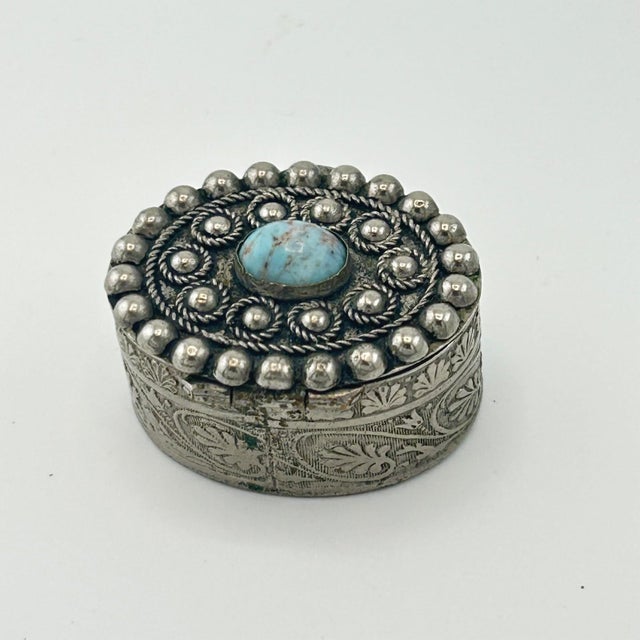 This fabulous Italian Silverplate Trinket Box With Turquoise Stone will be a fabulous addition to your vintage box...