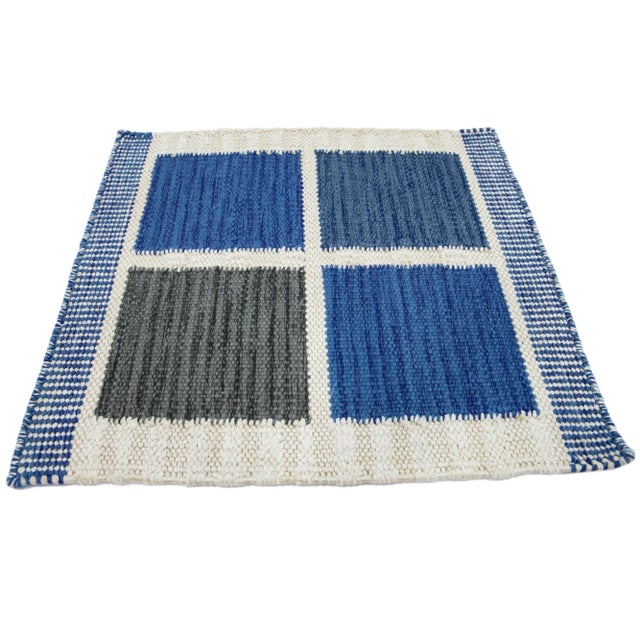 Contemporary Modern Swedish Style Handwoven Blue Geometric Custom Wool Rug For Sale - Image 3 of 6