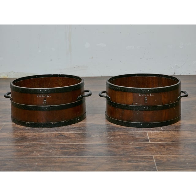 Pair of Antique English Bushel Measures with Iron Bands, Rustic Decor For Sale In Atlanta - Image 6 of 11
