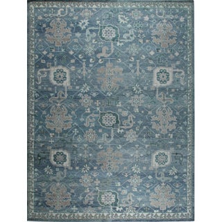 6x9 Beautiful Oushak Blue Traditional Floral Hand Knotted Wool Carpet Rug For Sale