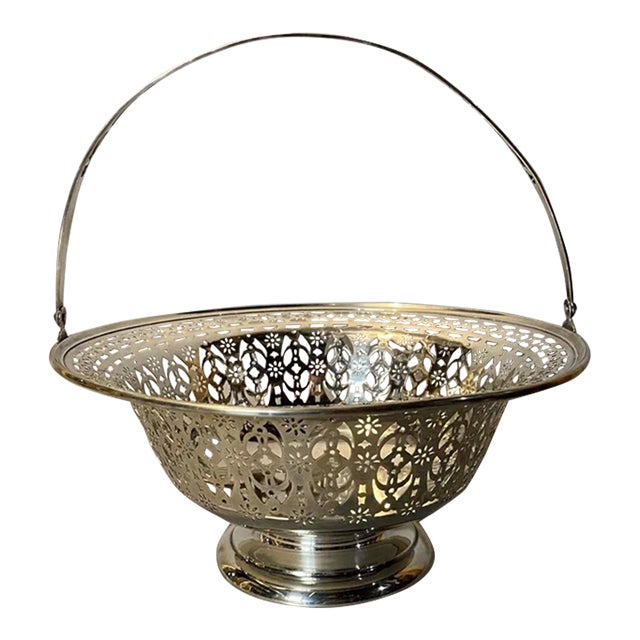 1930s Sterling Silver Reticulated Handled Brides Basket For Sale