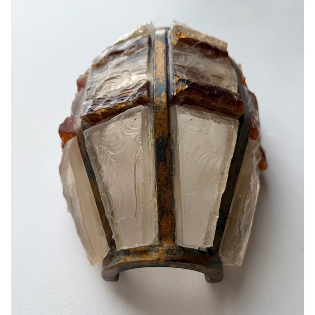 Pair of Hammered Glass Wrought Iron Sconces by Longobard, Italy, 1970s For Sale - Image 9 of 12
