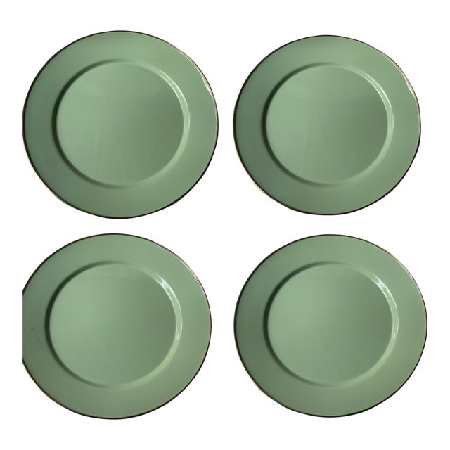 Mackenzie-Childs Sage Green Enamel Chargers - Set of 4 | Handmade 12" For Sale