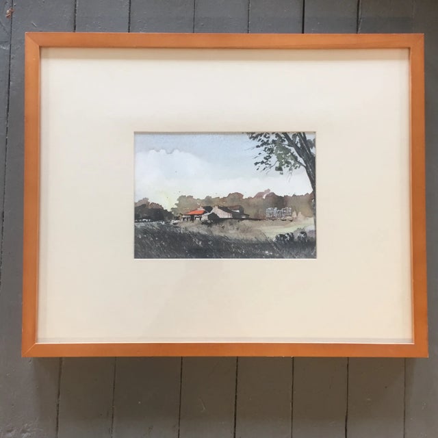 Wood Vintage Original Watercolor Landscape W/ Cows Painting For Sale - Image 7 of 7