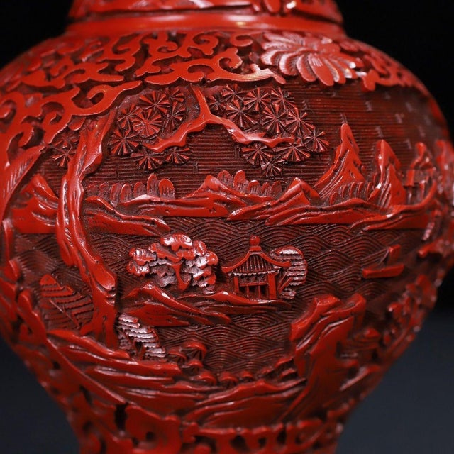 Cinnabar Lacquer Vase Pair / Carved Red Lacquer Landscape Vases For Sale - Image 12 of 12