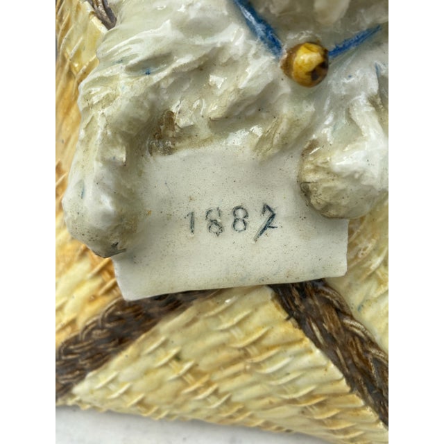 Late 19th Century Large Majolica Basket Bichon Dog Wall Pocket Theodore Deck Circa 1887 For Sale - Image 5 of 8