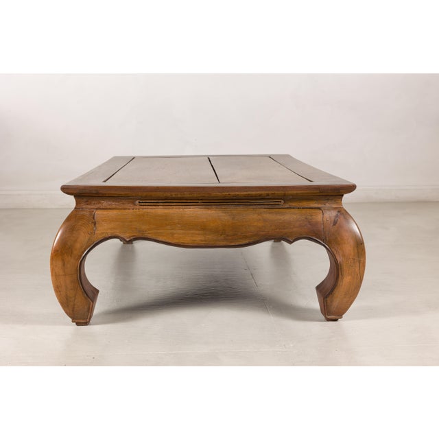 Brown Vintage Chinese Low Kang Two-Tone Elm Coffee Table with Curved Legs For Sale - Image 8 of 18