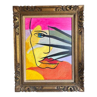 Abstract Painting of a Face With Blue Eye in Vintage Frame by Alexandra Brown For Sale