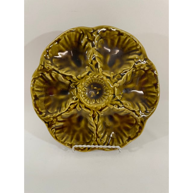 1950s French Gien Majolica Olive Green Oyster Plate For Sale - Image 11 of 15