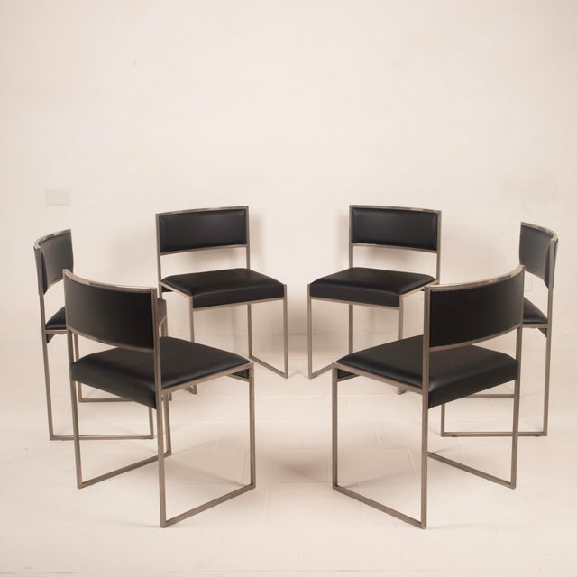 1970s Italian SQ Dining Chairs in Brushed Steel and Black Vegan-Leather, 1970s, Set of 6 For Sale - Image 5 of 18