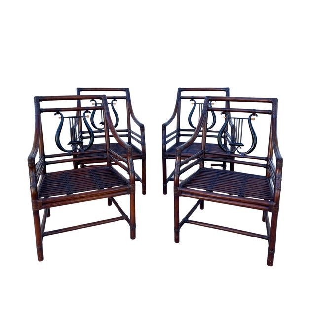 This distinctive set features beautifully sculpted bamboo/rattan frames with graceful lyre-form backs, classical harp-...