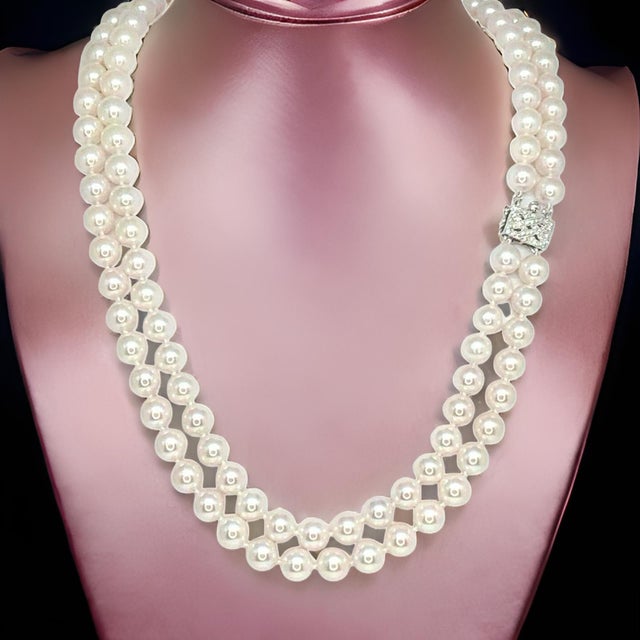 1990s Diamond Akoya Pearl Necklace 8 Mm 14k Gold 18 3/4" 2-Strand Certified For Sale - Image 14 of 15