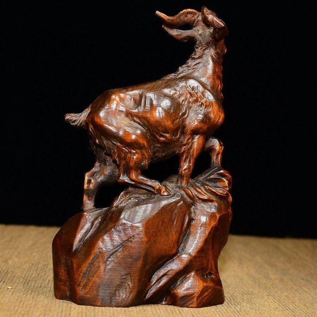 Chinese Hand-Carved Boxwood Goat Figurine, Auspicious Symbol For Sale - Image 9 of 10