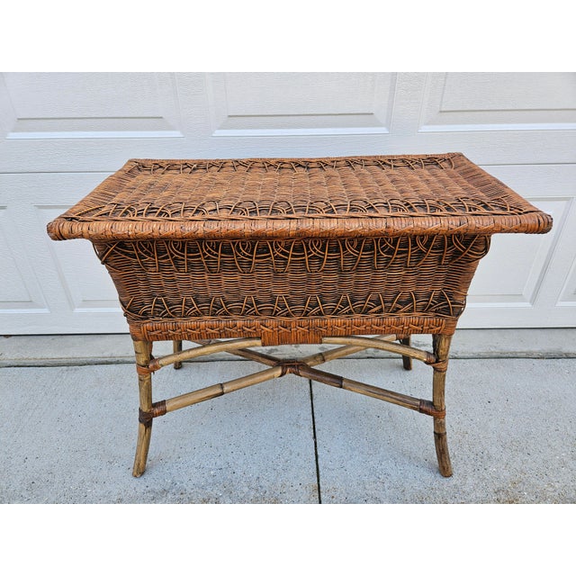 Late 20th Century Rattan Bamboo Side Table Lidded Planter Box For Sale - Image 5 of 12