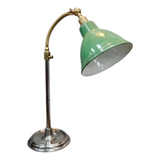Antique Brass and Green Enamel Gooseneck Reading Lamp, 1920 For Sale