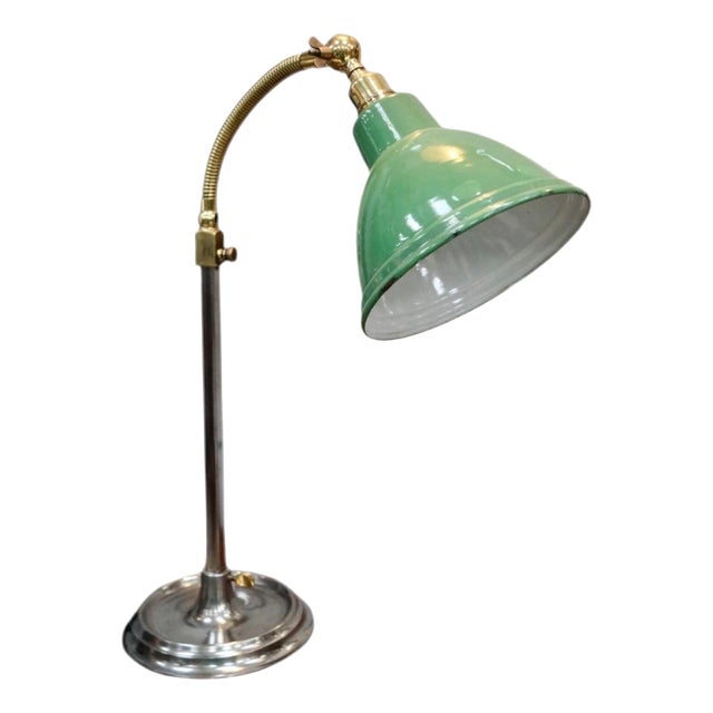 Antique Brass and Green Enamel Gooseneck Reading Lamp, 1920 For Sale