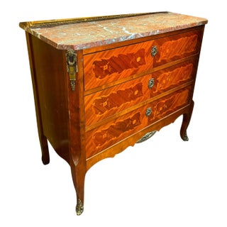 French Louis XV Marble Top Commode Chest – Floral Marquetry With Bronze Hardware For Sale