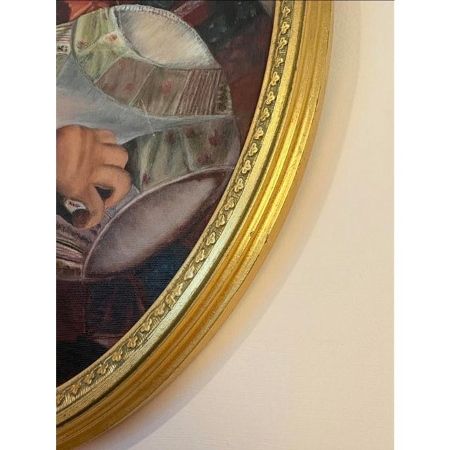 1990s Oil Painting the Quilter Portrait Signed Oval Gold Frame For Sale - Image 4 of 8