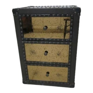 1990s Amber Speckled Mirrored Black Leather Stud Three Drawer Square Nightstand For Sale
