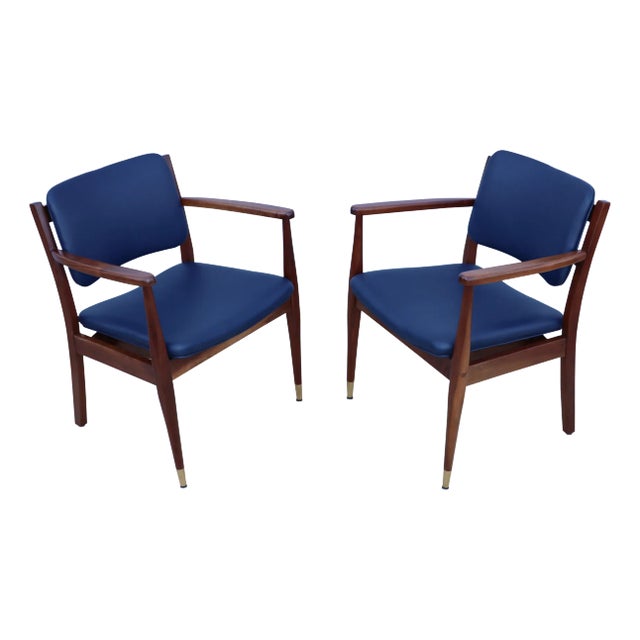 1960's Walnut Armchairs With Blue Leather Upholstery - A Pair For Sale