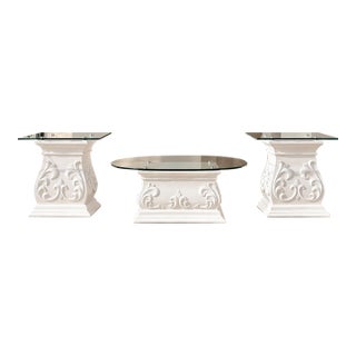 Vintage Fleur-De-Lis Glass Coffee Table & Pedestal Side Tables – Custom Redesigned Set of 3 For Sale