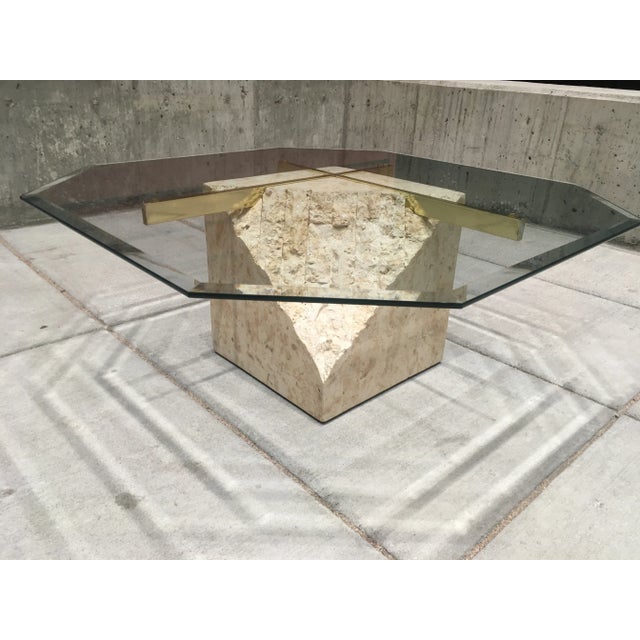 Postmodern Postmodern Maitland-Smith Style Brass & Glass Coffee Table in Tessellated Stone For Sale - Image 3 of 13