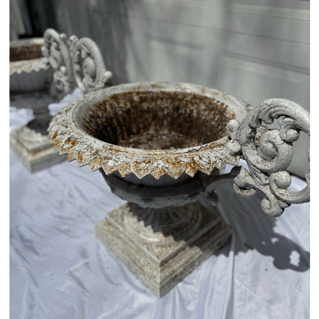 Shabby Chic Pair of 19th C.E. Walbridge Cast Iron Garden Planters Urns With Scrolled Arms For Sale - Image 3 of 12