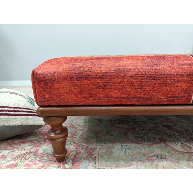 Red Tree Pattern Rug Upholstered Walnut Coffee Table For Sale - Image 8 of 9