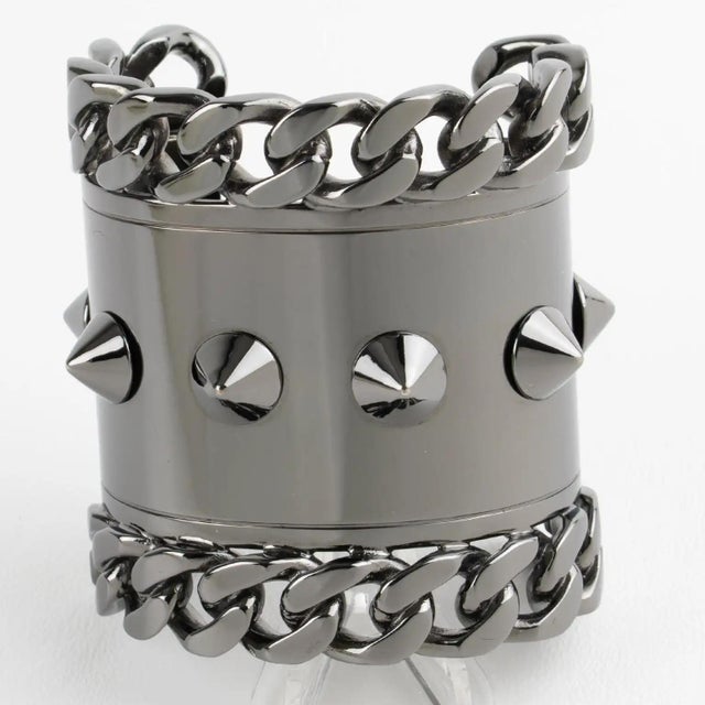 Contemporary Givenchy Paris High-Gloss Gunmetal Chains and Studs Cuff Bracelet For Sale - Image 3 of 16