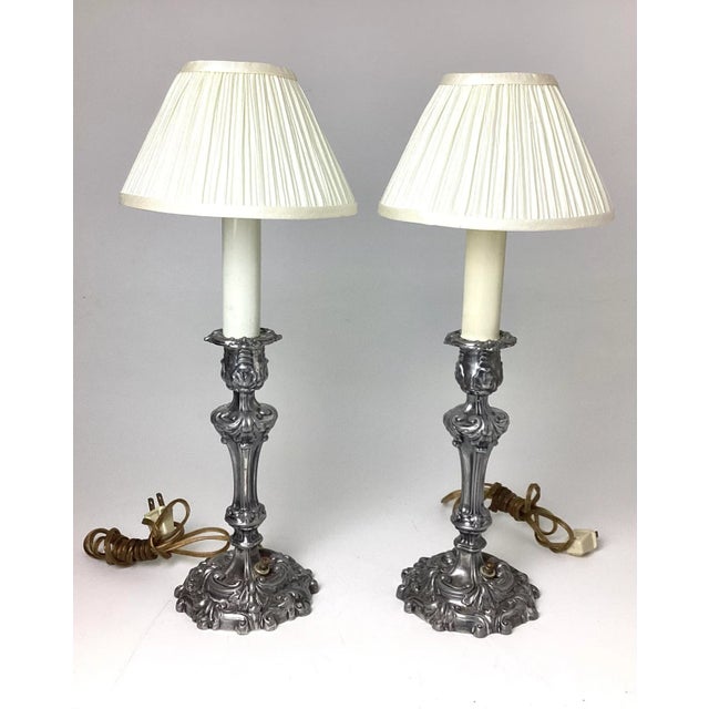 Pair Silver or Pewter Candlestick Lamps. Shades not included. I can’t tell if they are pewter or silver plated. They have...