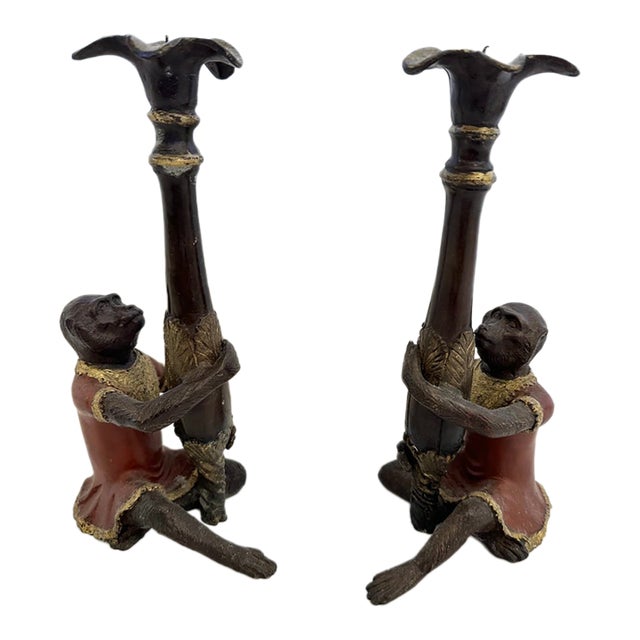 Bronze Painted Monkey Motif Candlesticks -a Pair For Sale